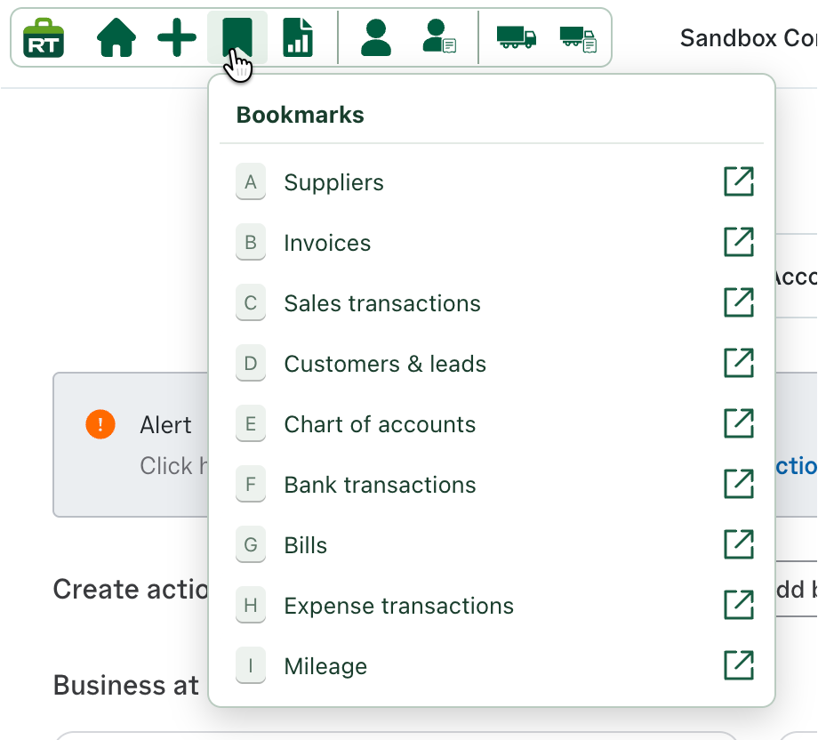 RachelsTools Bookmarks panel with direct links to Suppliers, Invoices, Sales transactions, Customers and leads, Chart of accounts, Bank transactions, Bills, Expense transactions and Mileage