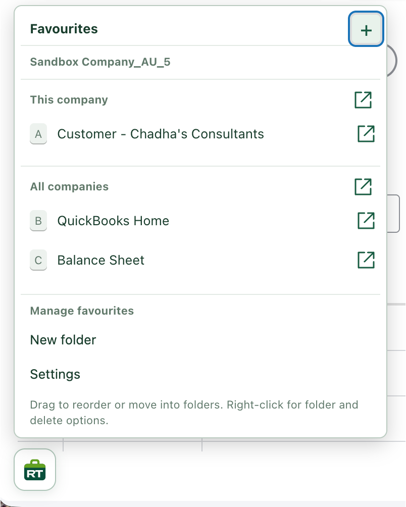 Customisable RachelsTools favourites menu opened from the bottom-left of QuickBooks, with current-company and all-company links, a new-folder option and settings