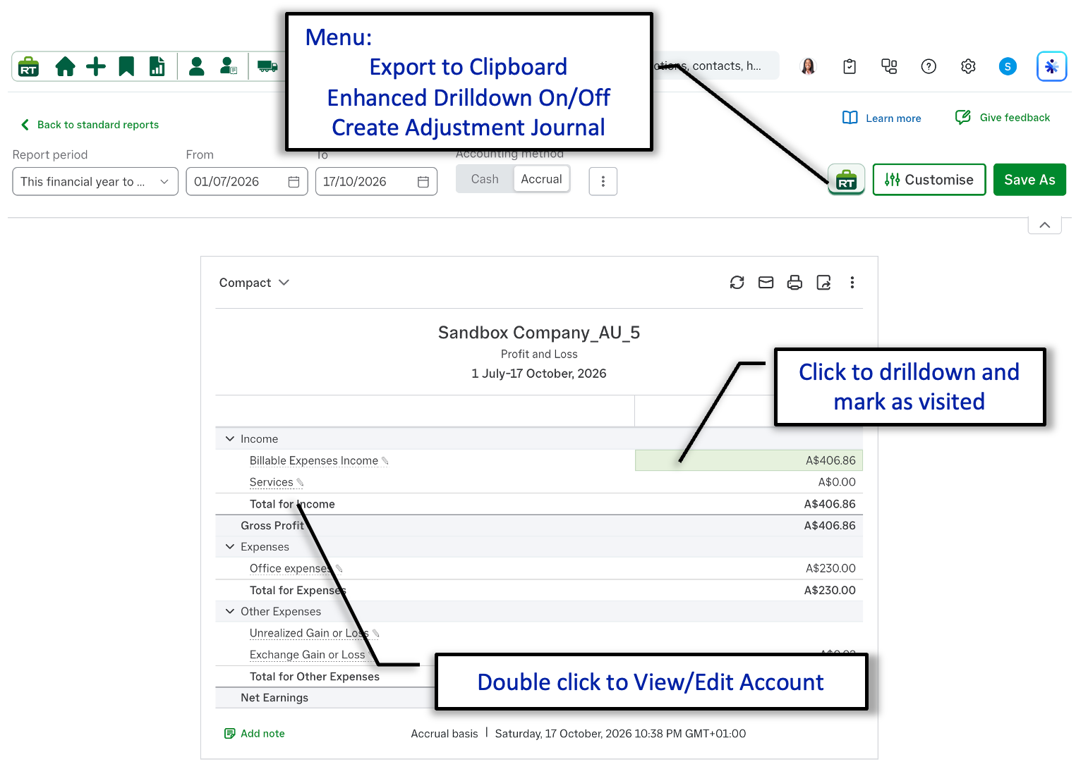 Annotated QuickBooks Profit and Loss report showing a RachelsTools menu for clipboard export, enhanced drill-down and adjustment journals, clickable drill-down values and double-click account editing