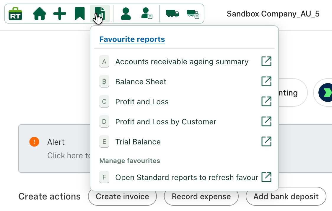 RachelsTools Favourite reports panel with Accounts receivable ageing summary, Balance Sheet, Profit and Loss, Profit and Loss by Customer, Trial Balance and a manage favourites option