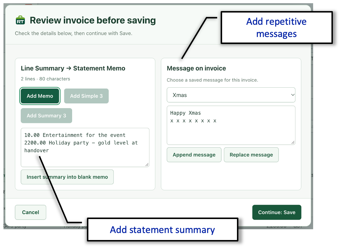Annotated RachelsTools review window showing controls for creating a statement memo from invoice lines and adding, appending or replacing a reusable invoice message