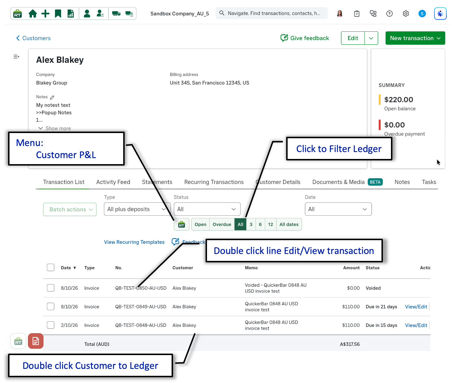 Annotated QuickBooks customer ledger showing RachelsTools shortcuts for Customer profit and loss, ledger filters, double-clicking a transaction to edit or view it, and double-clicking a customer to open their ledger
