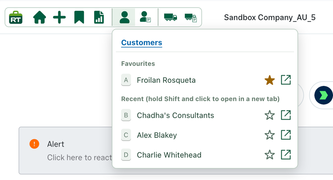 RachelsTools Customers panel showing a favourite customer above three recently accessed customers, with favourite stars and direct-opening controls