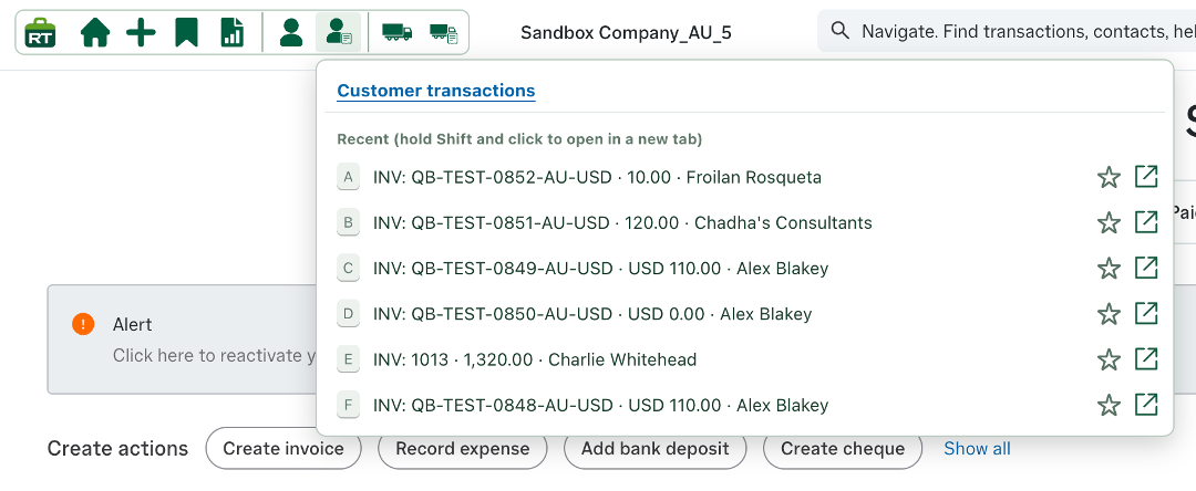 RachelsTools Customer transactions panel showing six recent invoices with customer names, values, favourite stars and open-in-new-tab controls
