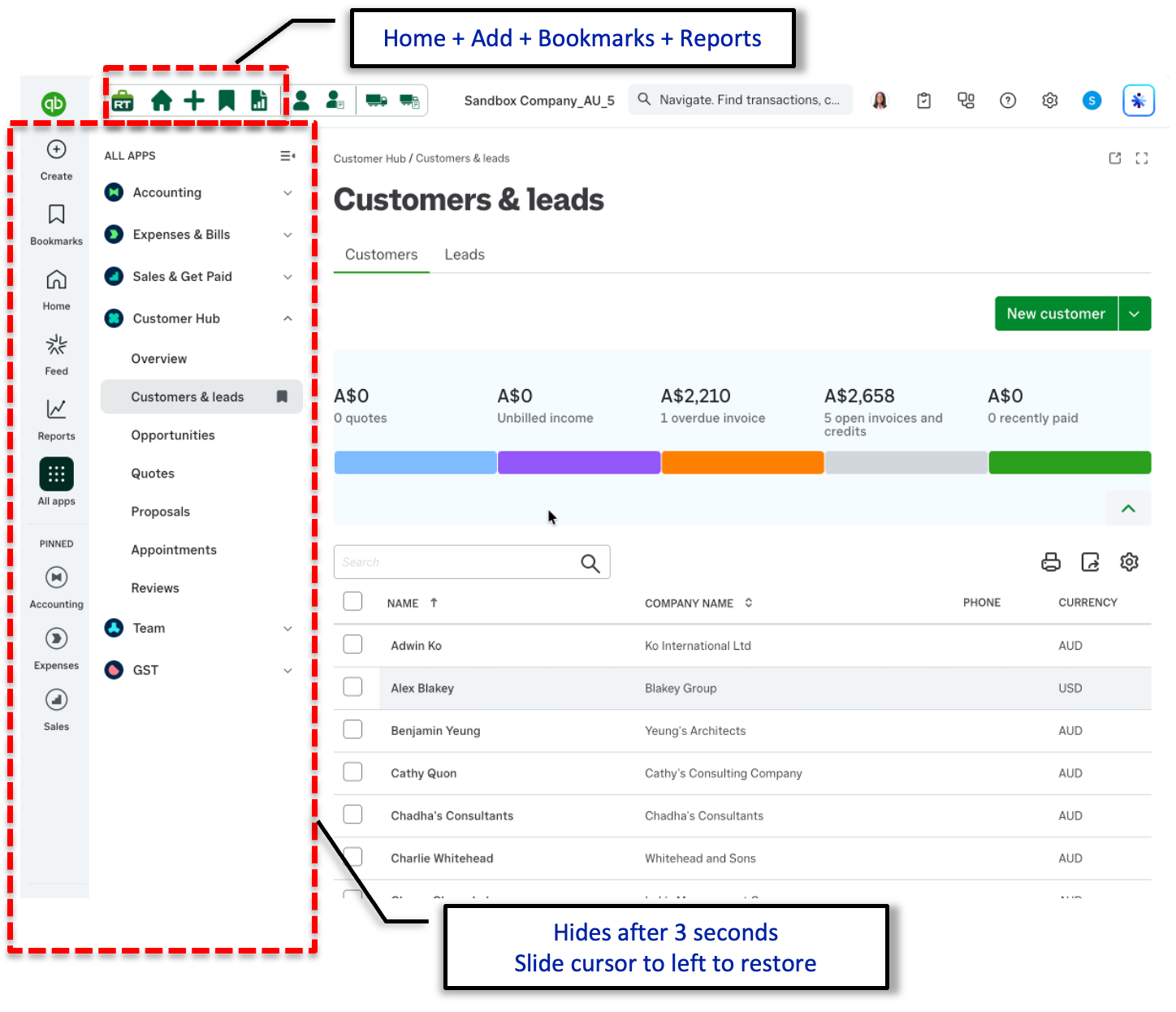 Annotated QuickBooks customer screen showing the large left navigation area that RachelsTools hides after three seconds and the compact toolbar shortcuts that remain available