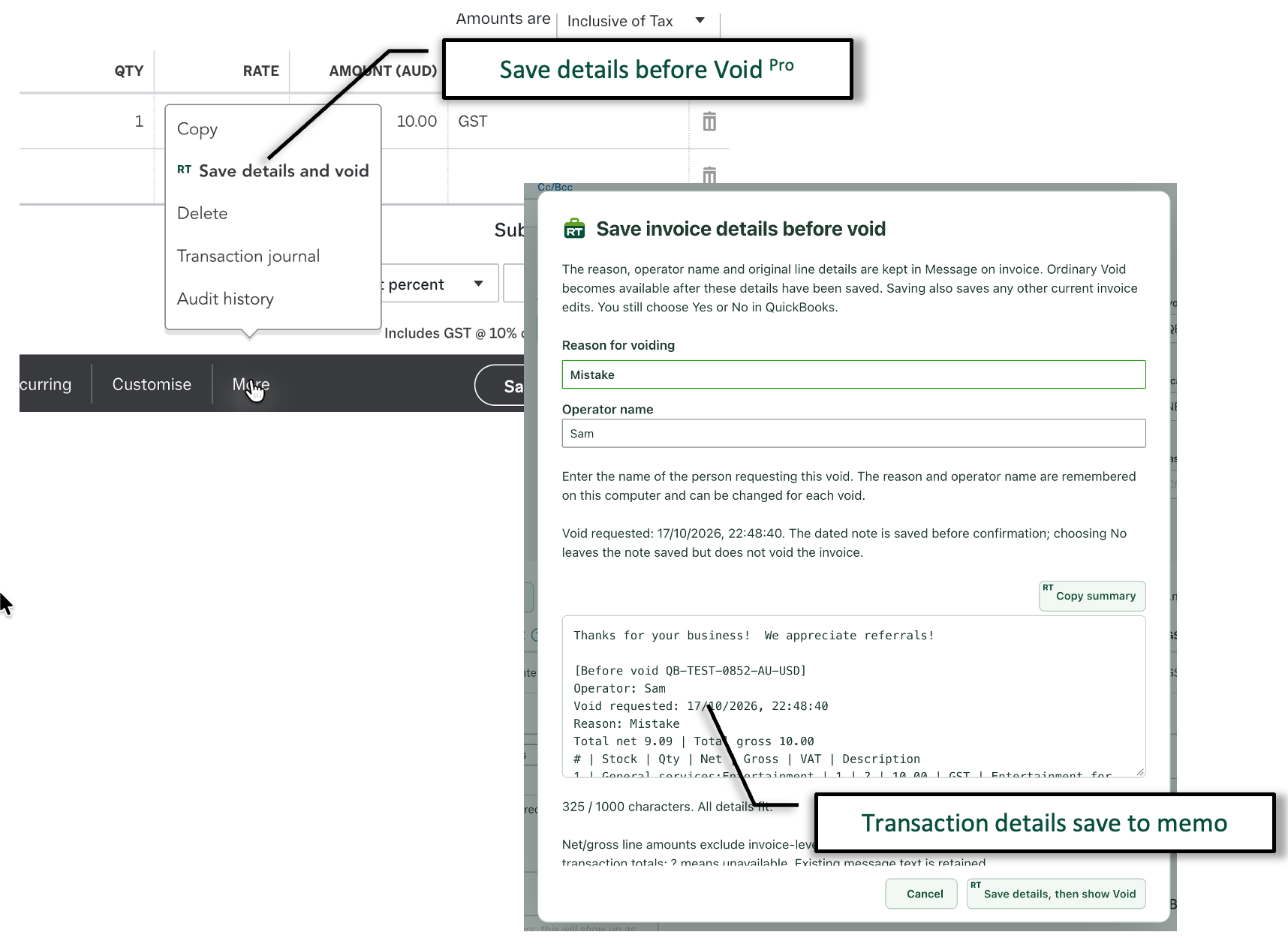 Annotated QuickBooks invoice showing the RachelsTools Save details and void action and a dialog that records the void reason, operator, timestamp and original transaction lines in the invoice memo