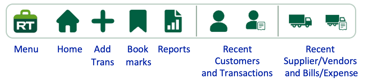 RachelsTools toolbar showing Menu, Home, Add Transactions, Bookmarks, Reports, recent customers and transactions, and recent suppliers, vendors, bills and expenses